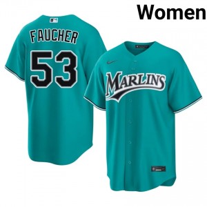 Calvin Faucher #53 Miami Marlins Baseball Jersey | Classic Women Teal Embroidery Edition 15636967