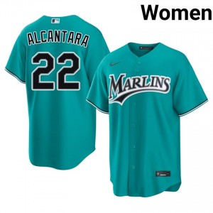 Sandy Alcantara #22 Miami Baseball Jersey | Gameday Women Teal Sewn Edition 68437576
