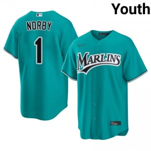 Connor Norby #1 Marlins Baseball Jersey | Game-Day Youth Teal Stitched Edition 58439443